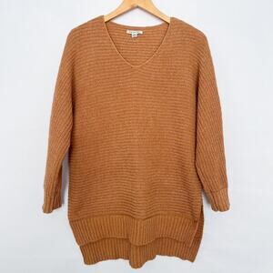 American Eagle Chenille V Neck Sweater Tunic Split Hem Oversized Size XS/S Tan